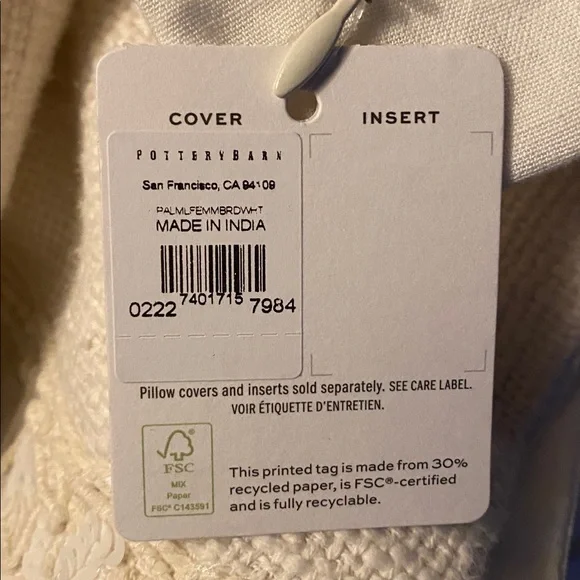 NWT Pottery Barn Palm Leaf Cream White Textured Knit Pillow Cover with sequins - Picture 8 of 11